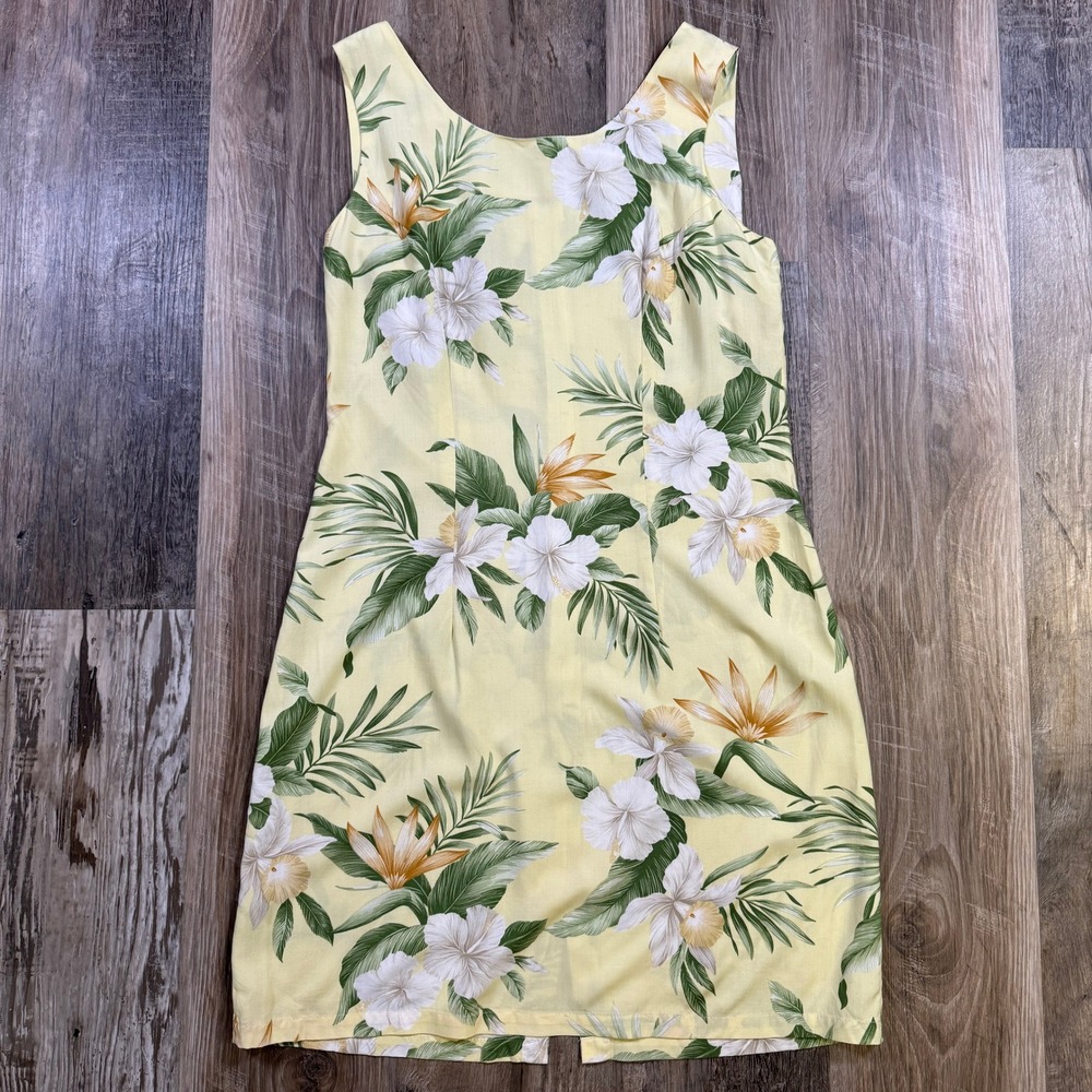 Vintage 90s Shannon Marie Butter Yellow Tropical Floral Classy Hawaii Dress Med